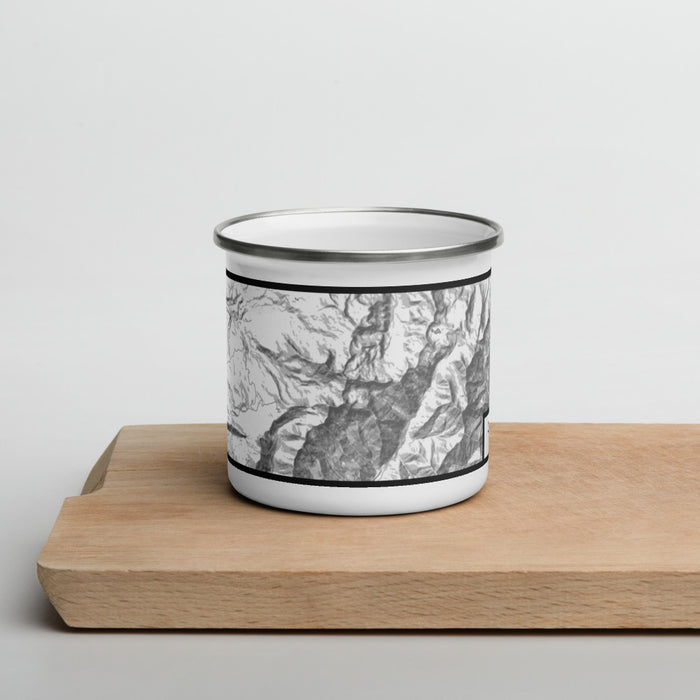 Front View Custom Lavender Peak Colorado Map Enamel Mug in Classic on Cutting Board