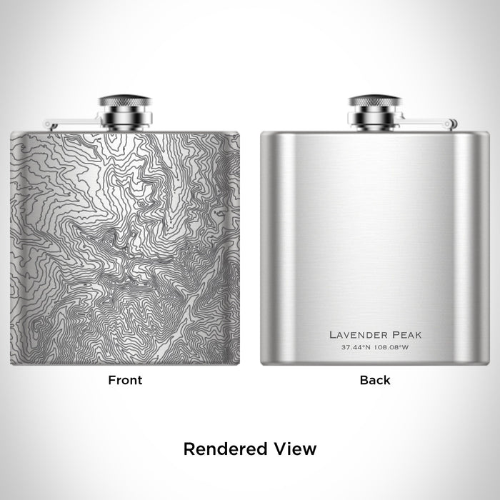 Rendered View of Lavender Peak Colorado Map Engraving on 6oz Stainless Steel Flask
