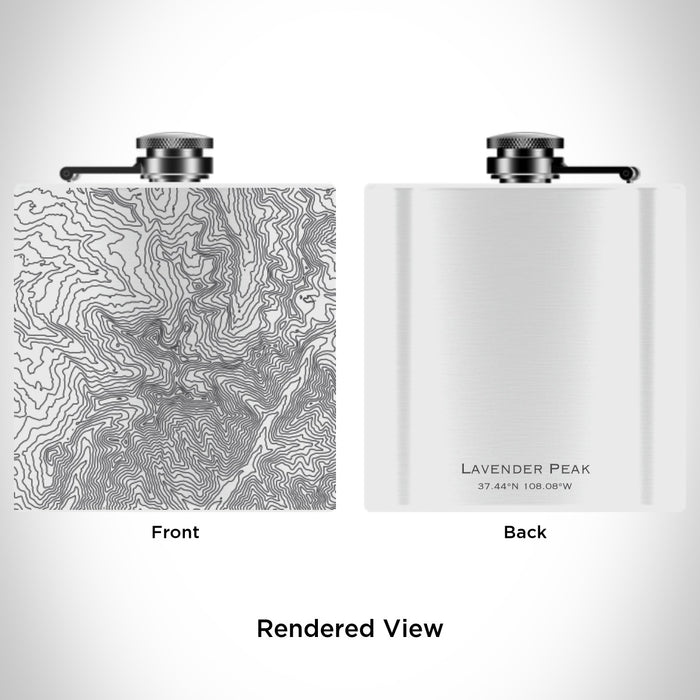 Rendered View of Lavender Peak Colorado Map Engraving on 6oz Stainless Steel Flask in White