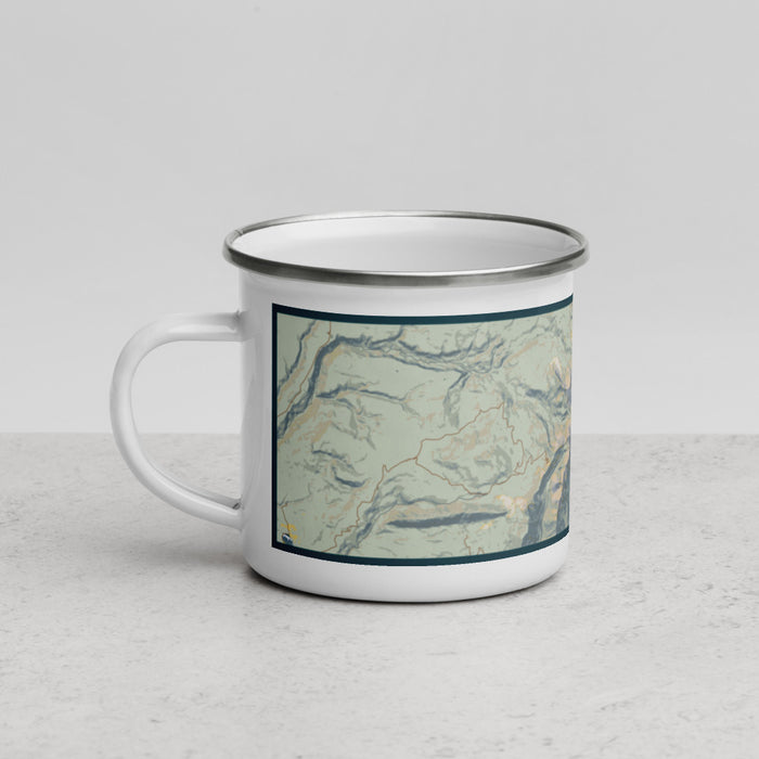 Left View Custom Lavender Peak Colorado Map Enamel Mug in Woodblock