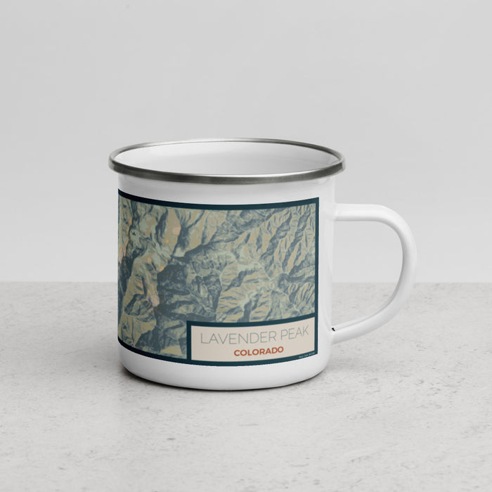 Right View Custom Lavender Peak Colorado Map Enamel Mug in Woodblock