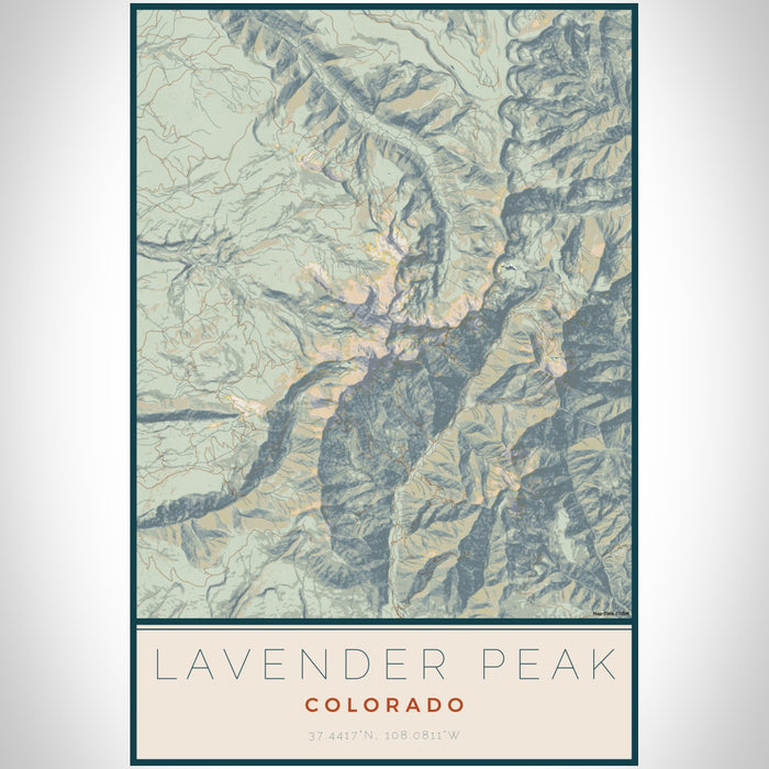 Lavender Peak Colorado Map Print Portrait Orientation in Woodblock Style With Shaded Background