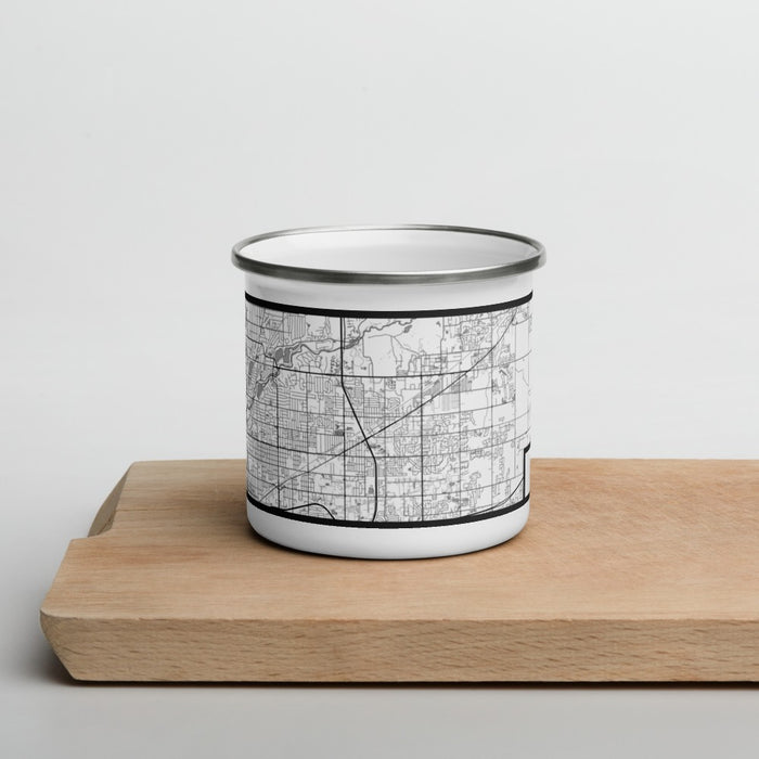 Front View Custom Lawrence Indiana Map Enamel Mug in Classic on Cutting Board