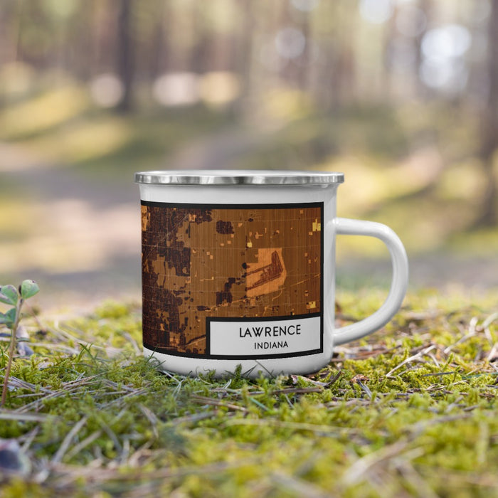 Right View Custom Lawrence Indiana Map Enamel Mug in Ember on Grass With Trees in Background