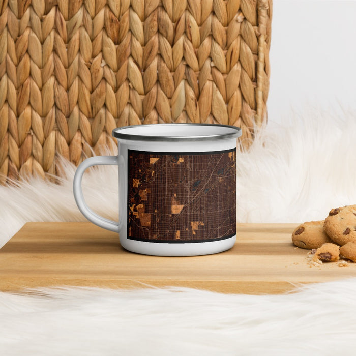 Left View Custom Lawrence Indiana Map Enamel Mug in Ember on Table Top