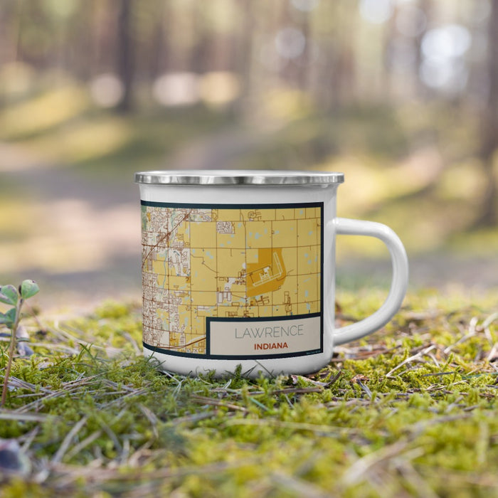 Right View Custom Lawrence Indiana Map Enamel Mug in Woodblock on Grass With Trees in Background