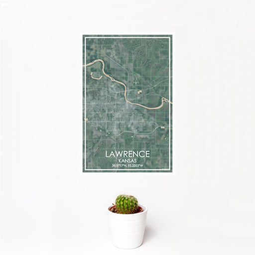 12x18 Lawrence Kansas Map Print Portrait Orientation in Afternoon Style With Small Cactus Plant in White Planter
