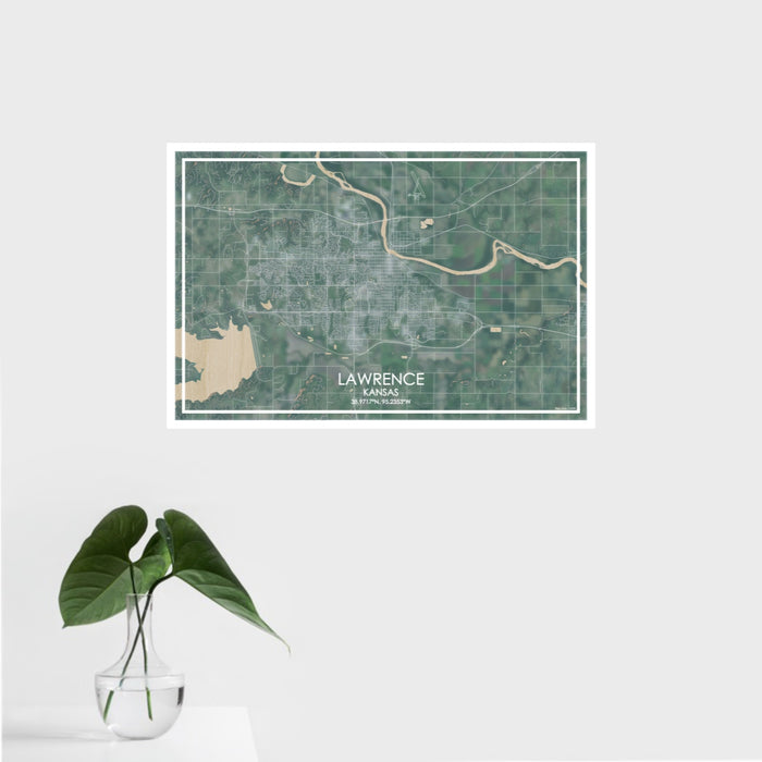 16x24 Lawrence Kansas Map Print Landscape Orientation in Afternoon Style With Tropical Plant Leaves in Water