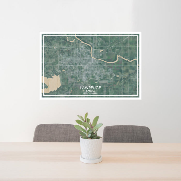 24x36 Lawrence Kansas Map Print Lanscape Orientation in Afternoon Style Behind 2 Chairs Table and Potted Plant