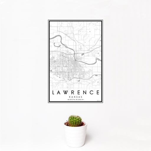 12x18 Lawrence Kansas Map Print Portrait Orientation in Classic Style With Small Cactus Plant in White Planter