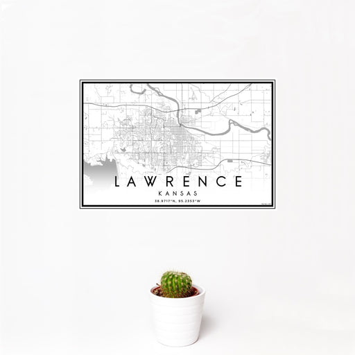 12x18 Lawrence Kansas Map Print Landscape Orientation in Classic Style With Small Cactus Plant in White Planter