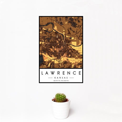 12x18 Lawrence Kansas Map Print Portrait Orientation in Ember Style With Small Cactus Plant in White Planter