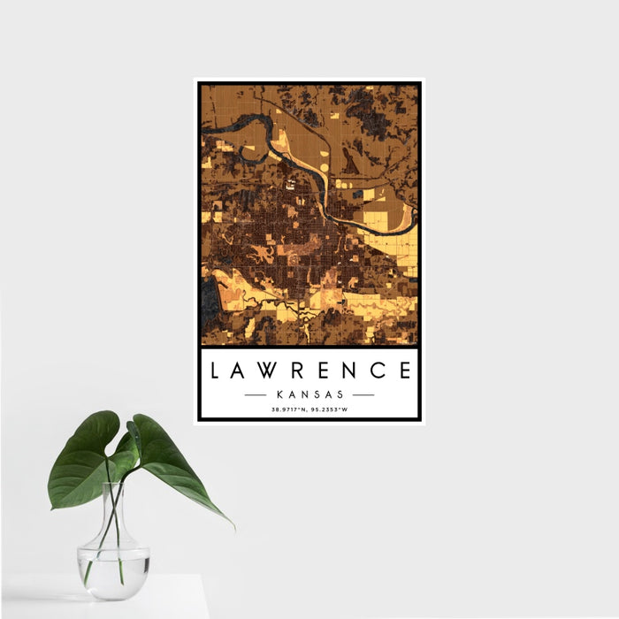 16x24 Lawrence Kansas Map Print Portrait Orientation in Ember Style With Tropical Plant Leaves in Water
