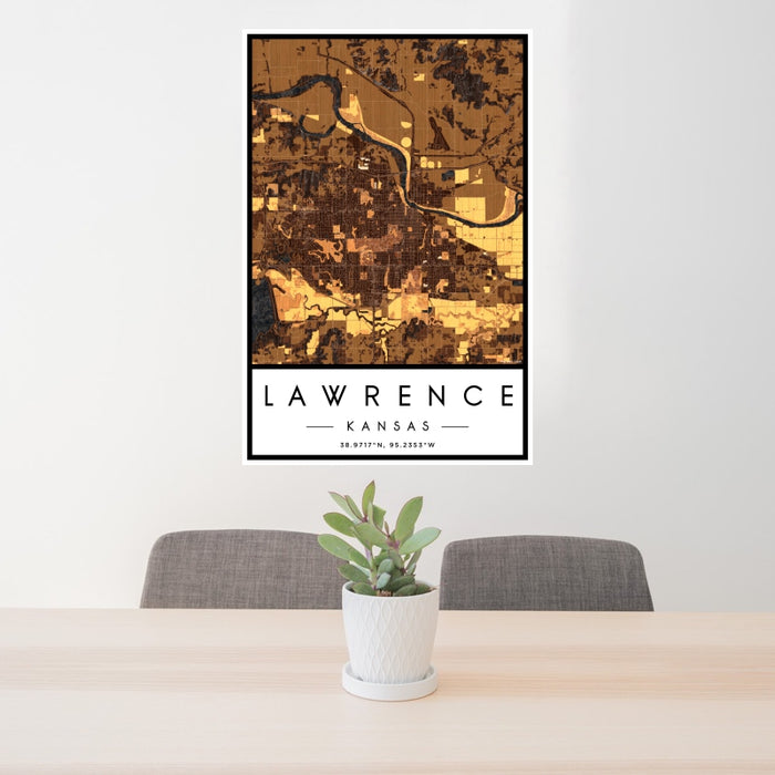 24x36 Lawrence Kansas Map Print Portrait Orientation in Ember Style Behind 2 Chairs Table and Potted Plant