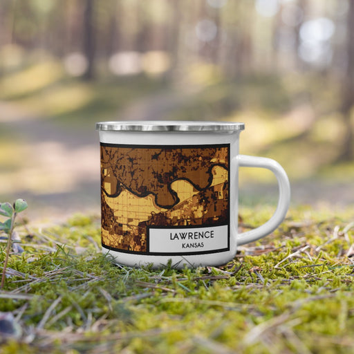 Right View Custom Lawrence Kansas Map Enamel Mug in Ember on Grass With Trees in Background