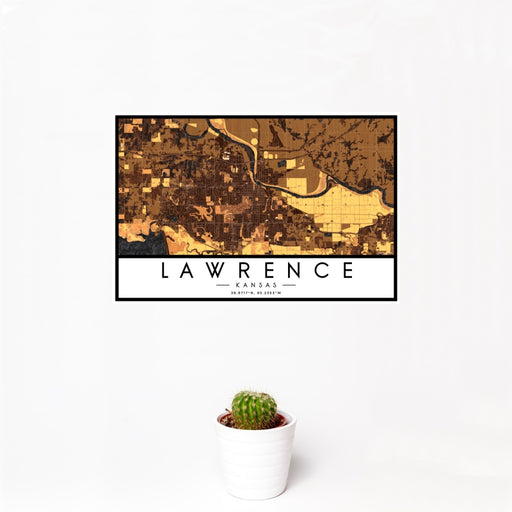 12x18 Lawrence Kansas Map Print Landscape Orientation in Ember Style With Small Cactus Plant in White Planter