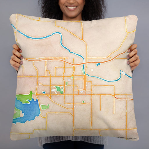 Person holding 22x22 Custom Lawrence Kansas Map Throw Pillow in Watercolor