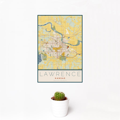 12x18 Lawrence Kansas Map Print Portrait Orientation in Woodblock Style With Small Cactus Plant in White Planter