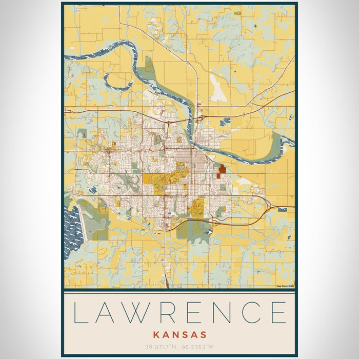 Lawrence Kansas Map Print Portrait Orientation in Woodblock Style With Shaded Background