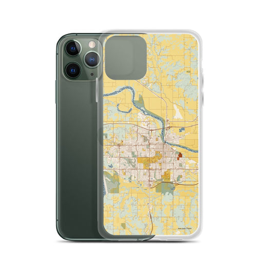 Custom Lawrence Kansas Map Phone Case in Woodblock on Table with Laptop and Plant