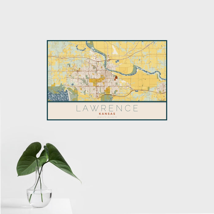 16x24 Lawrence Kansas Map Print Landscape Orientation in Woodblock Style With Tropical Plant Leaves in Water