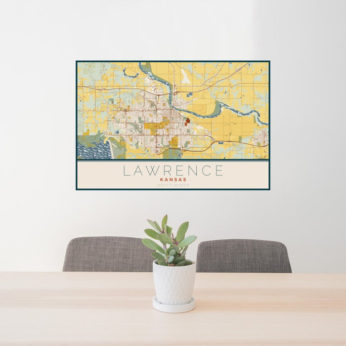 24x36 Lawrence Kansas Map Print Landscape Orientation in Woodblock Style Behind 2 Chairs Table and Potted Plant