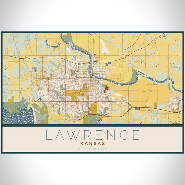 Lawrence Kansas Map Print Landscape Orientation in Woodblock Style With Shaded Background