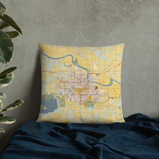 Custom Lawrence Kansas Map Throw Pillow in Woodblock on Bedding Against Wall