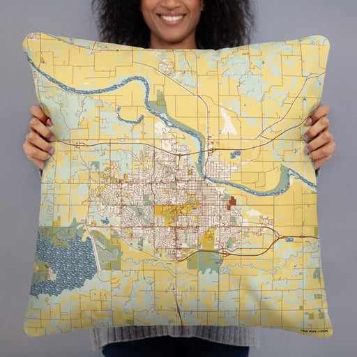 Person holding 22x22 Custom Lawrence Kansas Map Throw Pillow in Woodblock