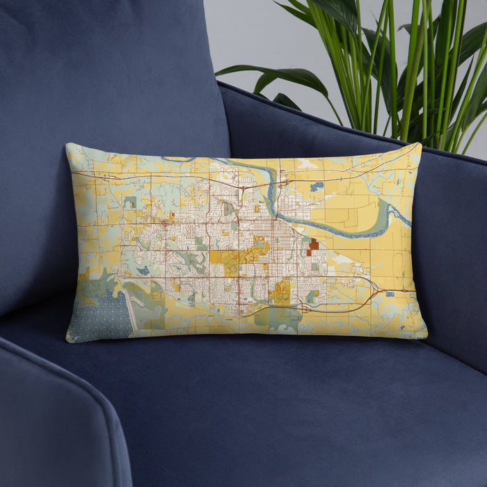 Custom Lawrence Kansas Map Throw Pillow in Woodblock on Blue Colored Chair