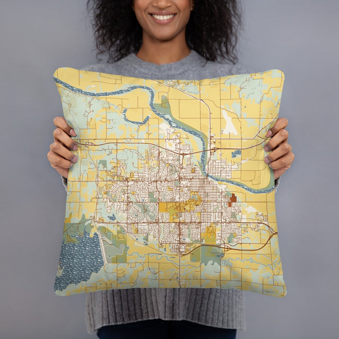 Person holding 18x18 Custom Lawrence Kansas Map Throw Pillow in Woodblock