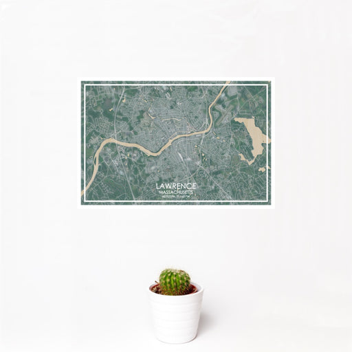 12x18 Lawrence Massachusetts Map Print Landscape Orientation in Afternoon Style With Small Cactus Plant in White Planter