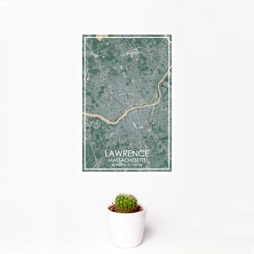 12x18 Lawrence Massachusetts Map Print Portrait Orientation in Afternoon Style With Small Cactus Plant in White Planter