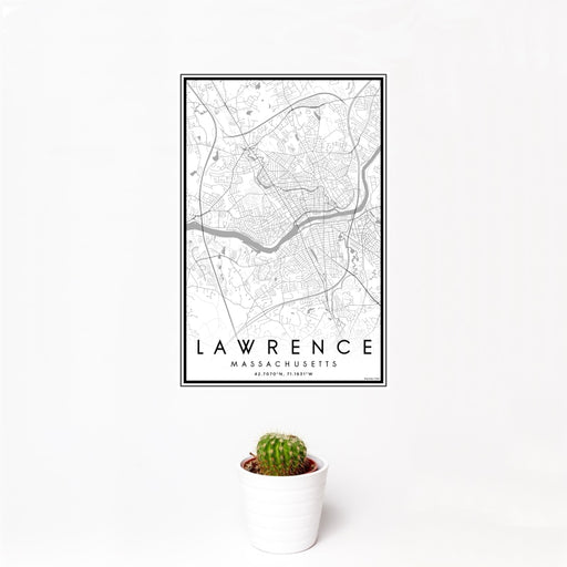 12x18 Lawrence Massachusetts Map Print Portrait Orientation in Classic Style With Small Cactus Plant in White Planter