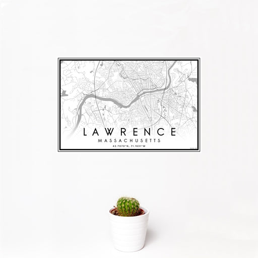 12x18 Lawrence Massachusetts Map Print Landscape Orientation in Classic Style With Small Cactus Plant in White Planter