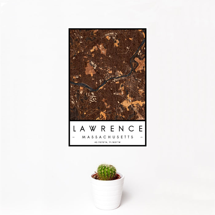 12x18 Lawrence Massachusetts Map Print Portrait Orientation in Ember Style With Small Cactus Plant in White Planter