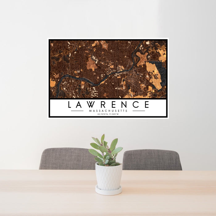 24x36 Lawrence Massachusetts Map Print Landscape Orientation in Ember Style Behind 2 Chairs Table and Potted Plant