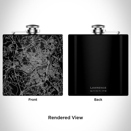 Rendered View of Lawrence Massachusetts Map Engraving on 6oz Stainless Steel Flask in Black