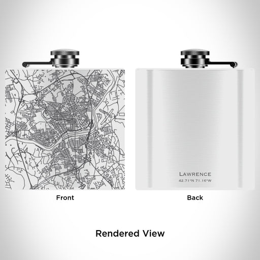 Rendered View of Lawrence Massachusetts Map Engraving on 6oz Stainless Steel Flask in White