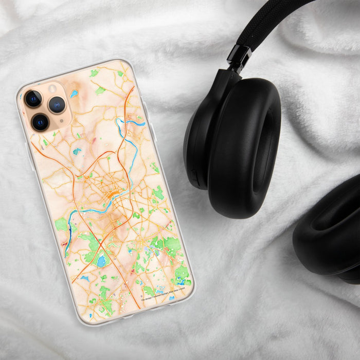 Custom Lawrence Massachusetts Map Phone Case in Watercolor on Table with Black Headphones
