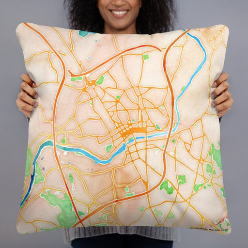 Person holding 22x22 Custom Lawrence Massachusetts Map Throw Pillow in Watercolor