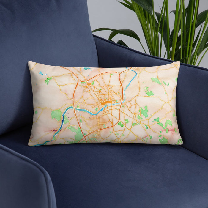 Custom Lawrence Massachusetts Map Throw Pillow in Watercolor on Blue Colored Chair