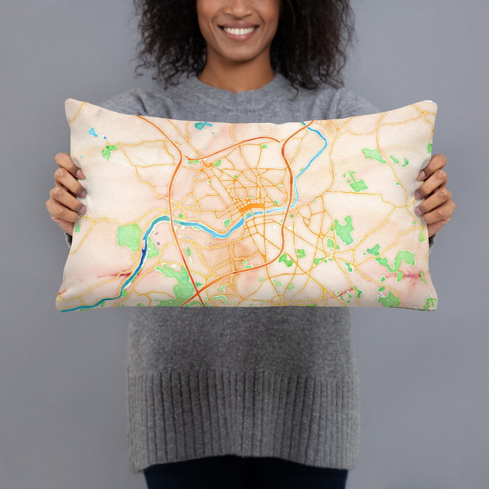 Person holding 20x12 Custom Lawrence Massachusetts Map Throw Pillow in Watercolor