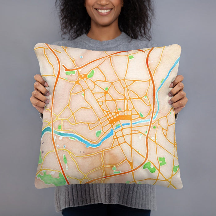 Person holding 18x18 Custom Lawrence Massachusetts Map Throw Pillow in Watercolor