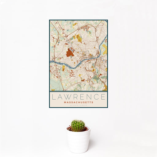 12x18 Lawrence Massachusetts Map Print Portrait Orientation in Woodblock Style With Small Cactus Plant in White Planter