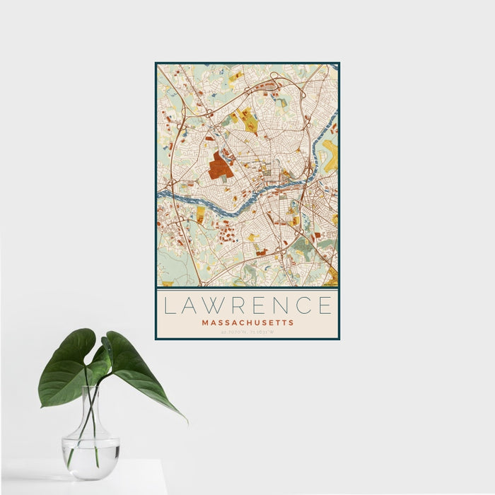 16x24 Lawrence Massachusetts Map Print Portrait Orientation in Woodblock Style With Tropical Plant Leaves in Water