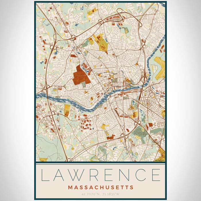 Lawrence Massachusetts Map Print Portrait Orientation in Woodblock Style With Shaded Background