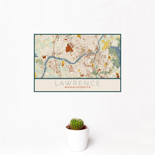12x18 Lawrence Massachusetts Map Print Landscape Orientation in Woodblock Style With Small Cactus Plant in White Planter