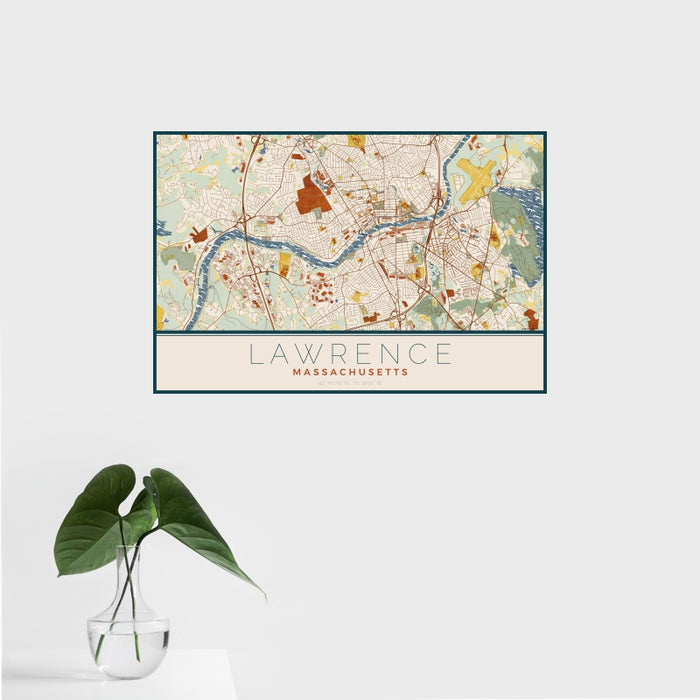16x24 Lawrence Massachusetts Map Print Landscape Orientation in Woodblock Style With Tropical Plant Leaves in Water