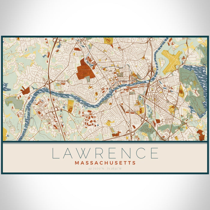 Lawrence Massachusetts Map Print Landscape Orientation in Woodblock Style With Shaded Background